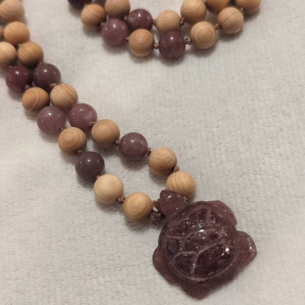 Handmade 108 bead mala Thuja Wood and Strawberry Quartz, turtle guru bead